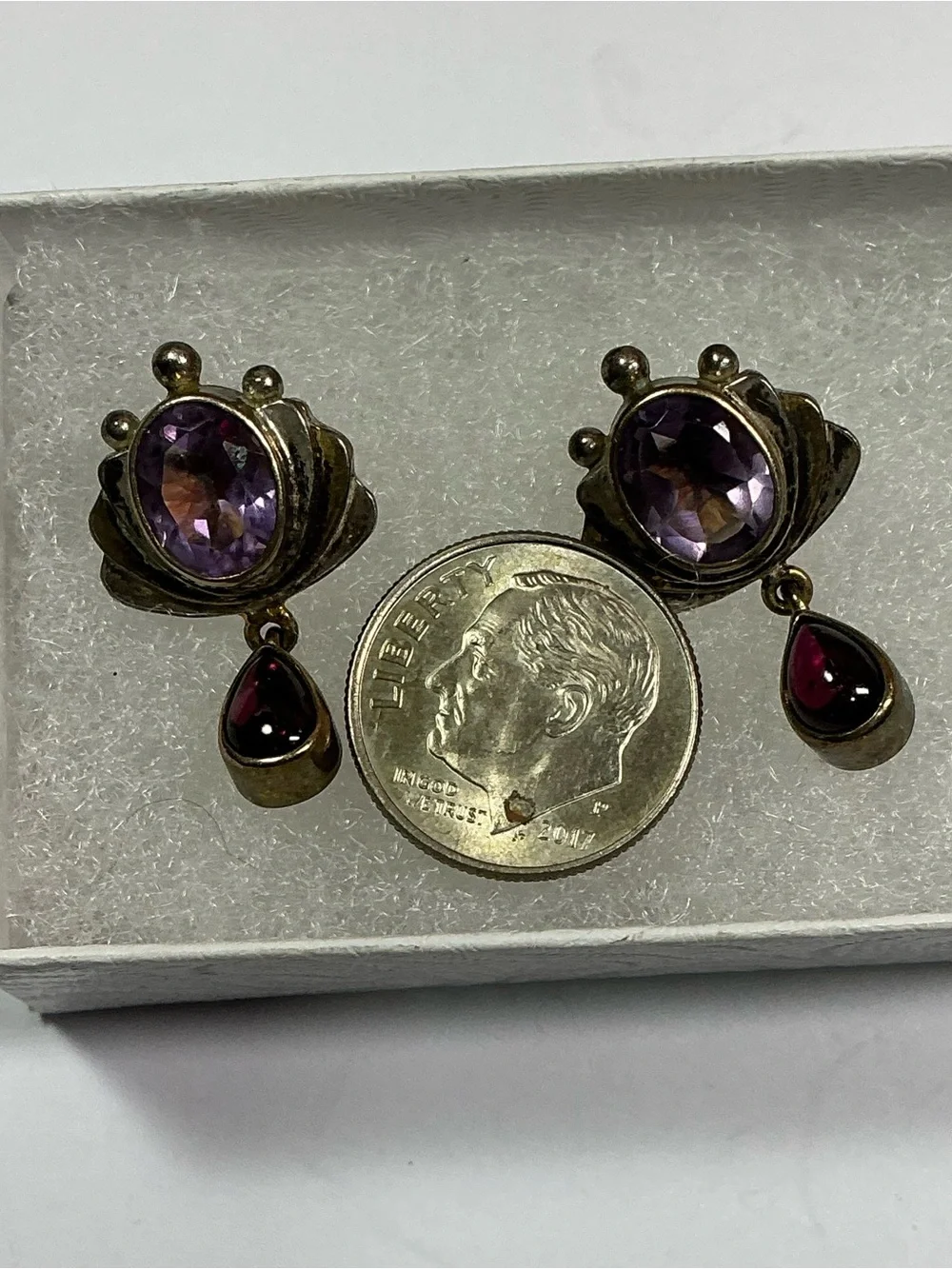 Vintage Sterling Silver Yossi Ezra Studio “ YES “ Earrings W/ Purple & Red ston.